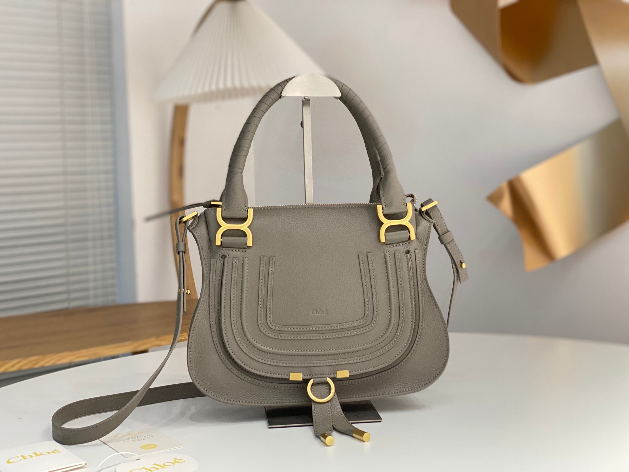 Chloe Small Marcie Bag In Dark Grey Grained Leather